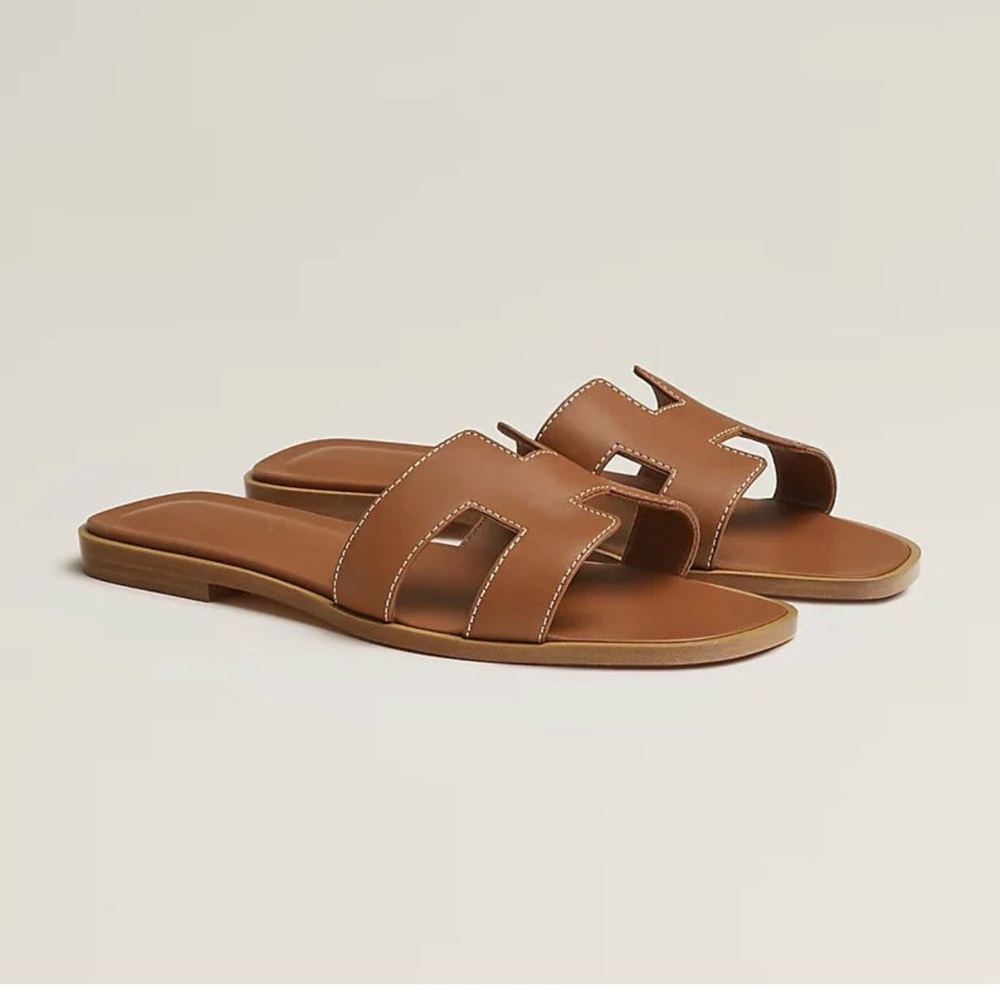 Hermes Tan Leather Slide Sandals
